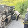 truk pengangkut pakan ayam terguling