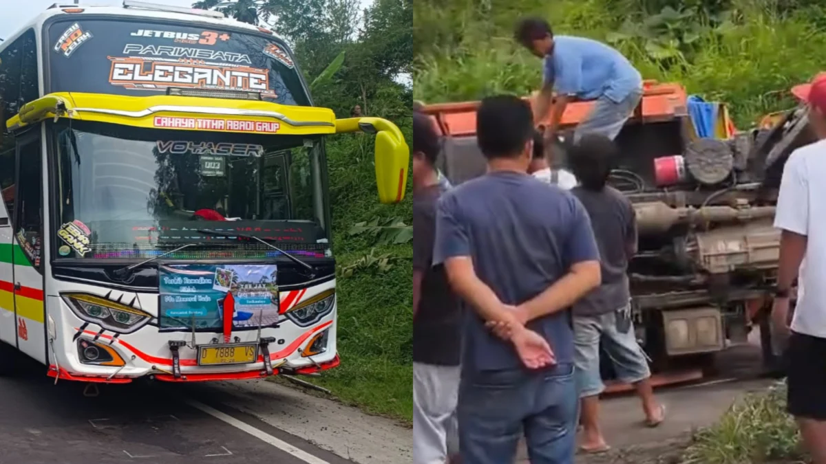 Bus pariwisata study tour, truk pengangkut batu, kecelakaan jalur gentong tasikmalaya