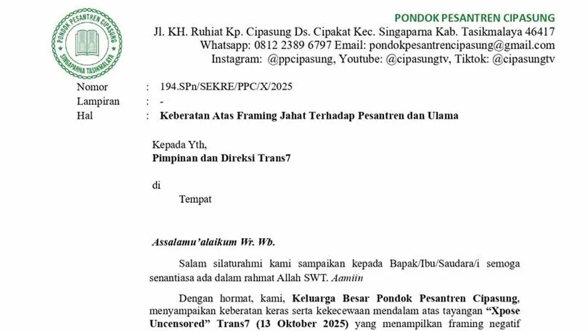 surat keberatan ponpes cipasung atas tayangan trans7