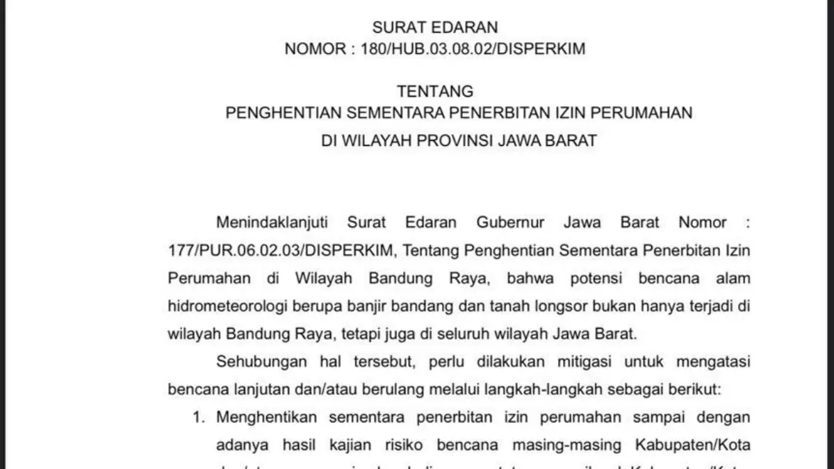 Izin Perumahan di Jawa Barat Direm. Klaim Demi Menghindari Bencana Berulang! Surat edaran gubernur jawa barat