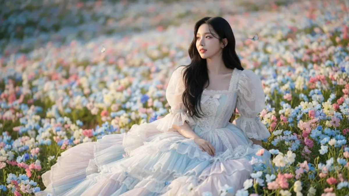 Cara Edit Foto Estetik Duduk di Bukit Landai dengan Gaun Boneka yang Cantik Cuma Pakai Prompt AI Prompt AI