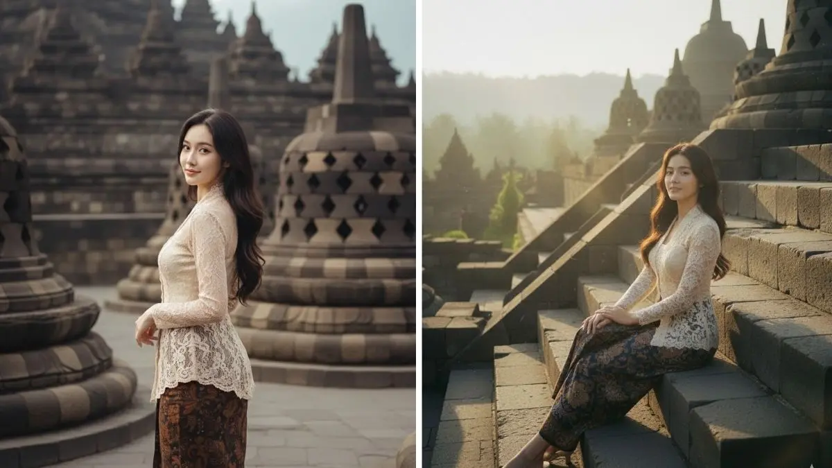 Prompt Gemini AI untuk Edit Foto Liburan di Borobudur Berkebaya yang Tampak Real dan Dramatis Prompt Gemini AI