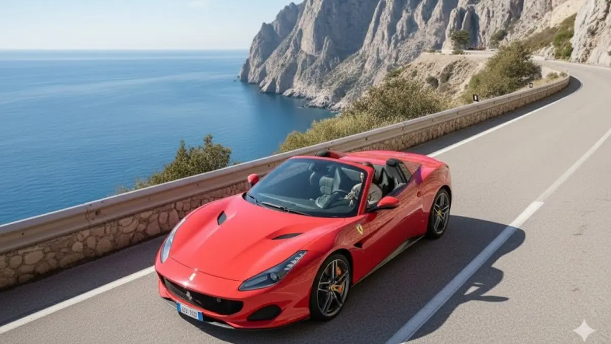 Prompt Gemini AI Auto Realistis untuk Foto Naik Ferrari Amalfi di Tebing Pegunungan Prompt Gemini AI