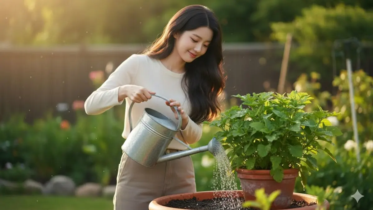 Prompt Gemini AI untuk Edit Foto Sedang Menyiram Tanaman Agar Terlihat Estetik, Realistis, dan Fotogenik Alami Prompt Gemini AI