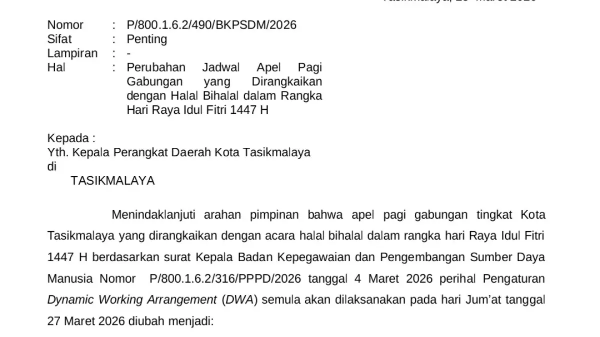 Besok Batal Digelar! Halalbihalal ASN se- Kota Tasikmalaya Diundur ke Senin Bareng Apel Gabungan apel gabungan Kota Tasikmalaya 2026