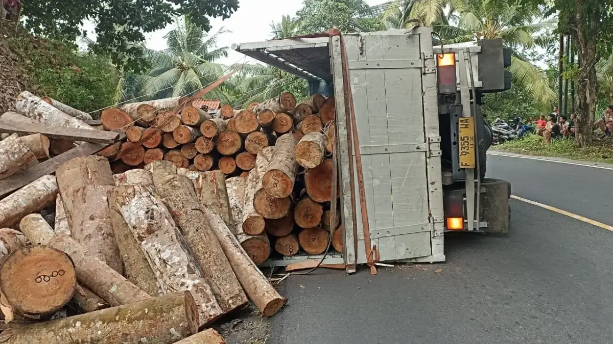 Truk kayu terguling di pangandaran