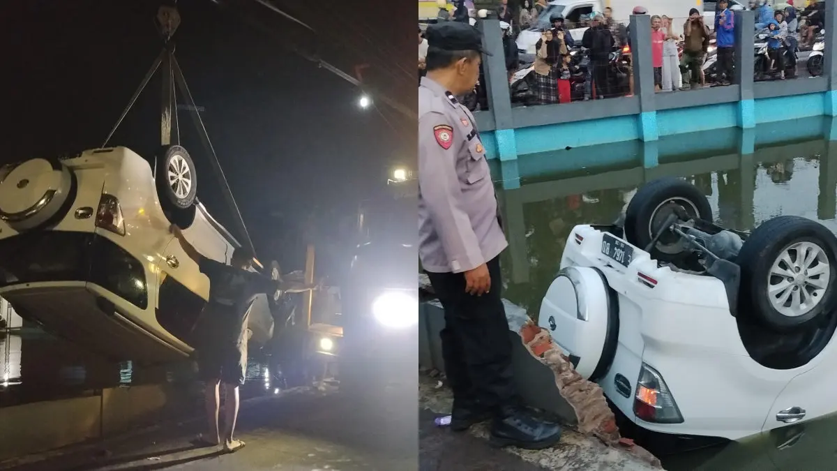 kecelakaan mobil terbalik masuk kolam ikan di Indihiang Kota Tasikmalaya